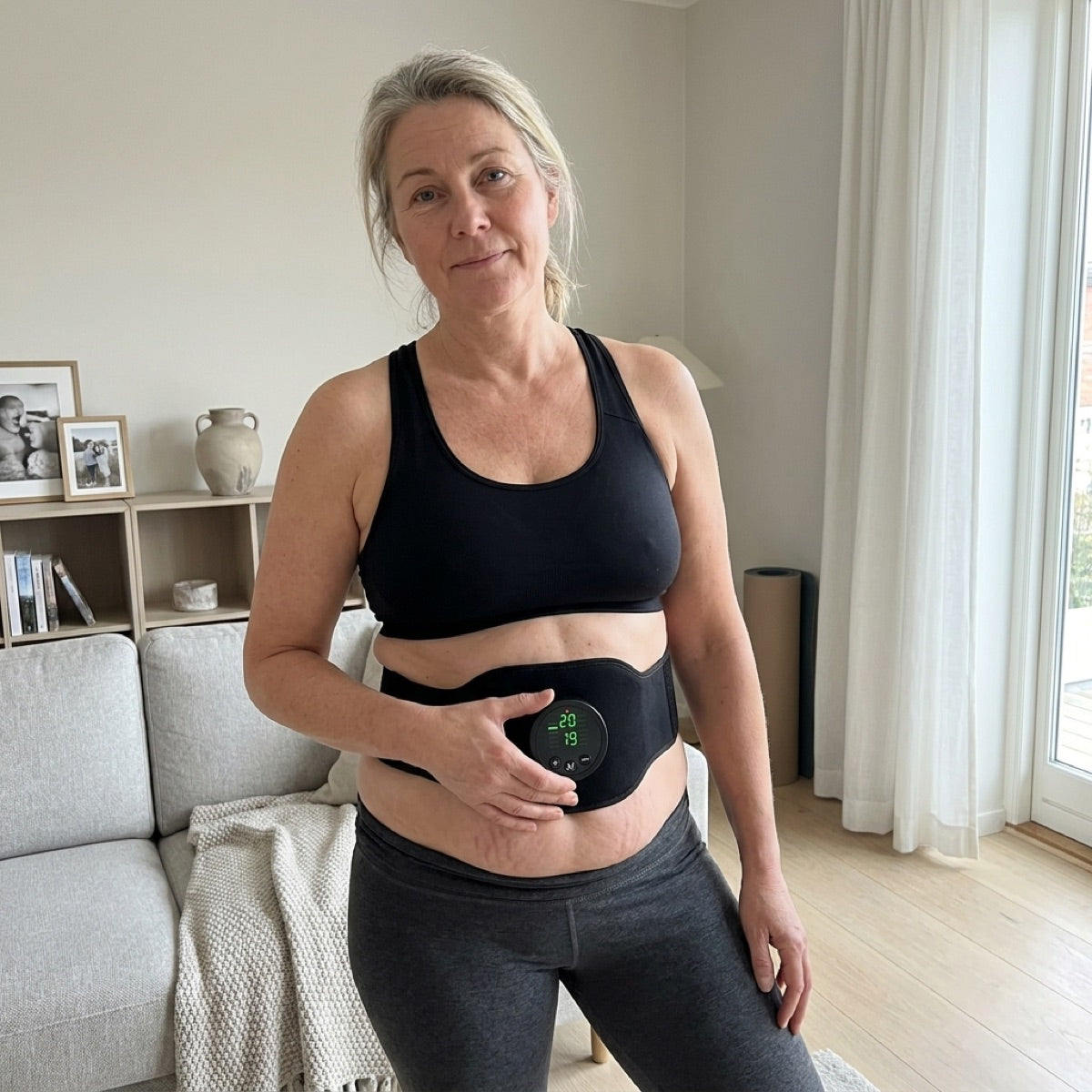 Before photo of a woman using the Ilvae EMS belt at home