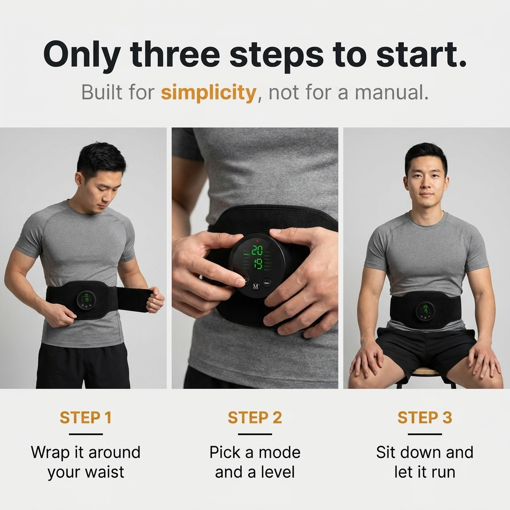 Only three steps to start: wrap it on, pick a mode and level, sit down and let it run
