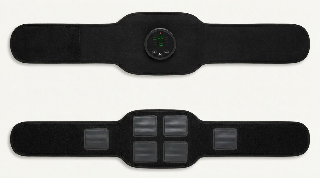 The Ilvae EMS belt, front and back, with its electrode pads