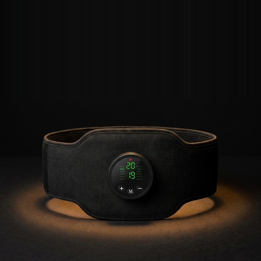 The Ilvae EMS Trainer belt, lit against a dark background