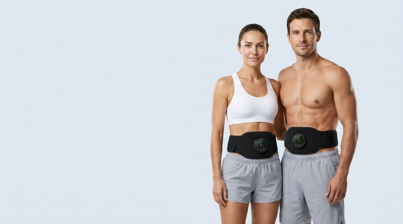 A woman and man wearing Ilvae EMS Trainer belts