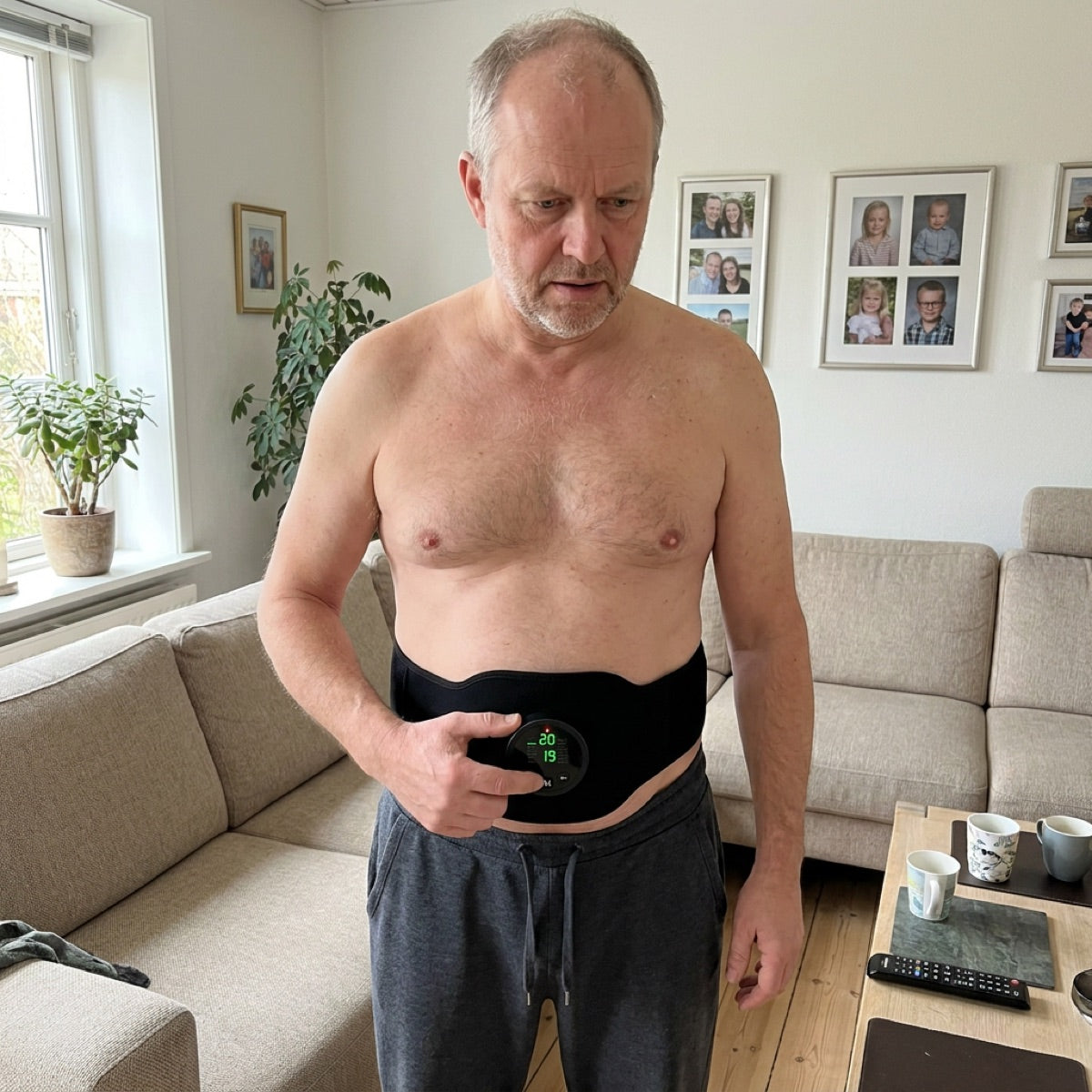 Before photo of a man wearing the Ilvae EMS belt at home