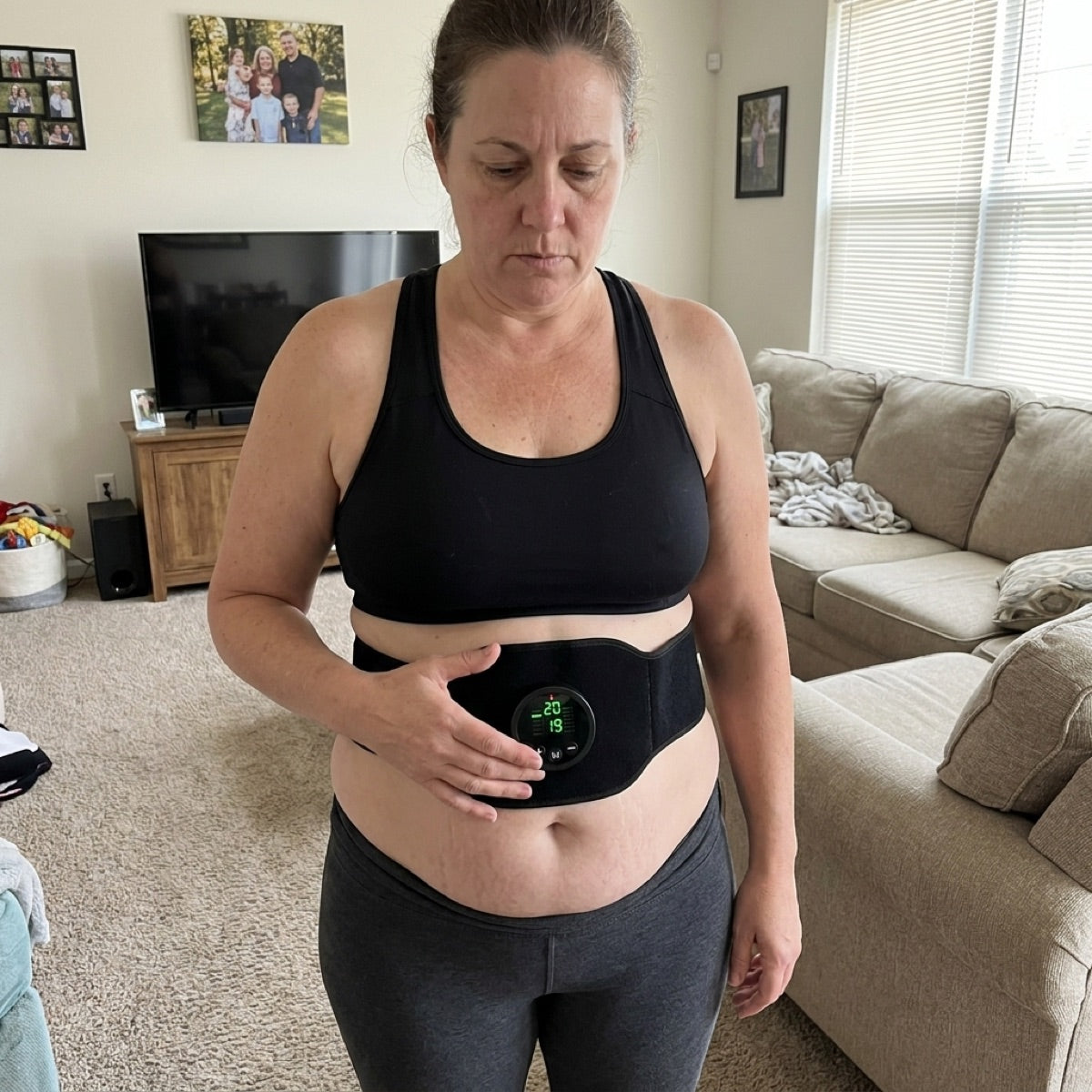 Before photo of a woman wearing the Ilvae EMS belt in a living room